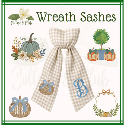 Embroidered Blue & White Chinoiserie Delft Pumpkin Monogram Wreath Sash, Fall Wreath Sash, Pumpkin Wreath Sash,  Hostess gift, Fall Decor