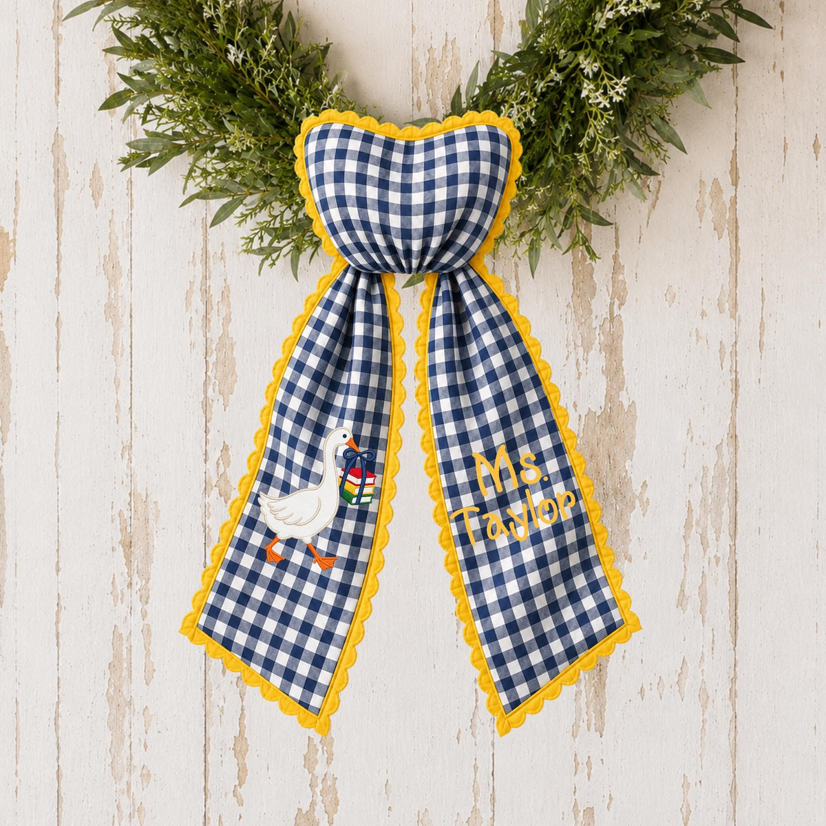 Personalized Teacher Goose Wreath Sash, Gingham Classroom Door Decor, Teacher Appreciation Gift, Custom School Bow with Optional Ric Rac