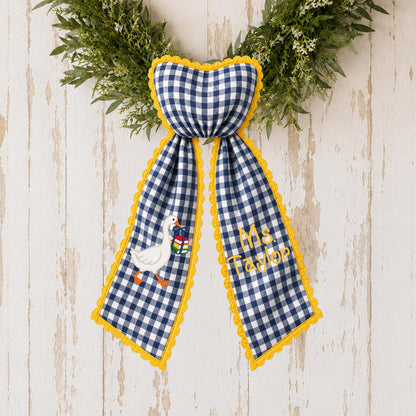 Personalized Teacher Goose Wreath Sash, Gingham Classroom Door Decor, Teacher Appreciation Gift, Custom School Bow with Optional Ric Rac