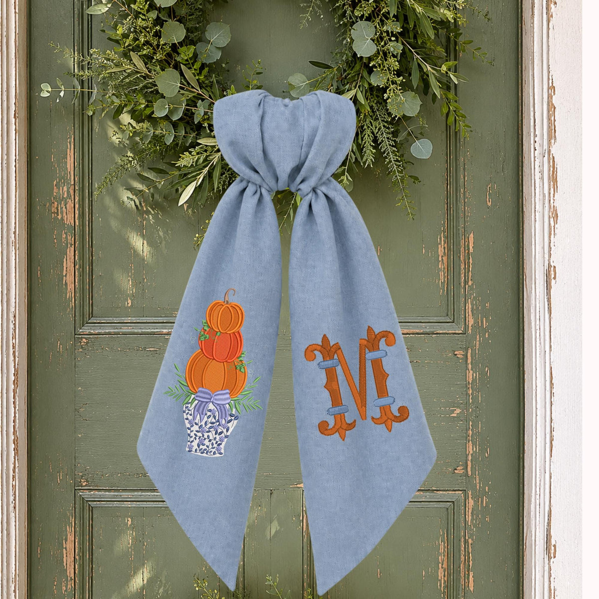 Embroidered Blue & White Chinoiserie Delft Pumpkin Monogram Wreath Sash, Fall Wreath Sash, Pumpkin Wreath Sash,  Hostess gift, Fall Decor