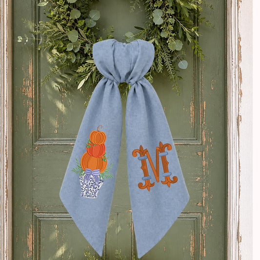 Embroidered Blue & White Chinoiserie Delft Pumpkin Monogram Wreath Sash, Fall Wreath Sash, Pumpkin Wreath Sash,  Hostess gift, Fall Decor