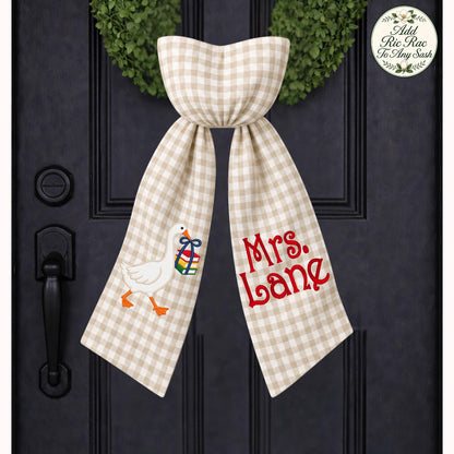 Personalized Teacher Goose Wreath Sash, Gingham Classroom Door Decor, Teacher Appreciation Gift, Custom School Bow with Optional Ric Rac