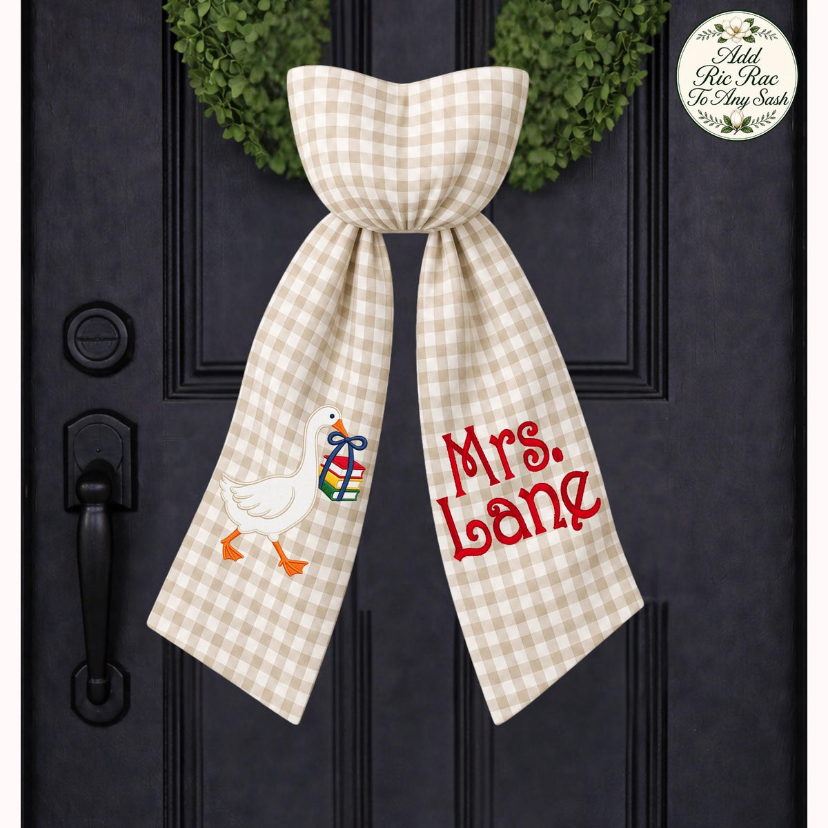 Personalized Teacher Goose Wreath Sash, Gingham Classroom Door Decor, Teacher Appreciation Gift, Custom School Bow with Optional Ric Rac