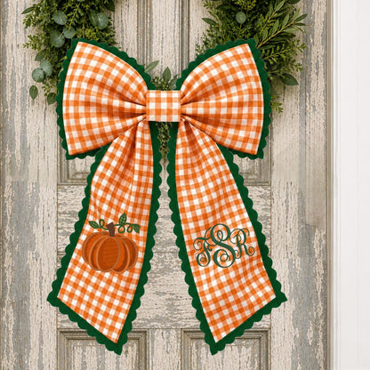 Embroidered Blue & White Chinoiserie Delft Pumpkin Monogram Wreath Sash, Fall Wreath Sash, Pumpkin Wreath Sash,  Hostess gift, Fall Decor