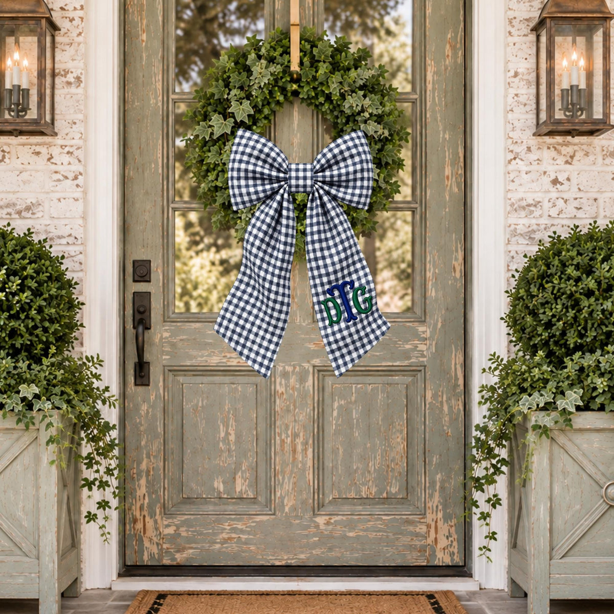 Gingham Wreath Sash, Personalized Front Door Bow, 52 or 72 Inch Wreath Sash, Rick Rack Trim Option, Southern Door Decor, Housewarming Gift