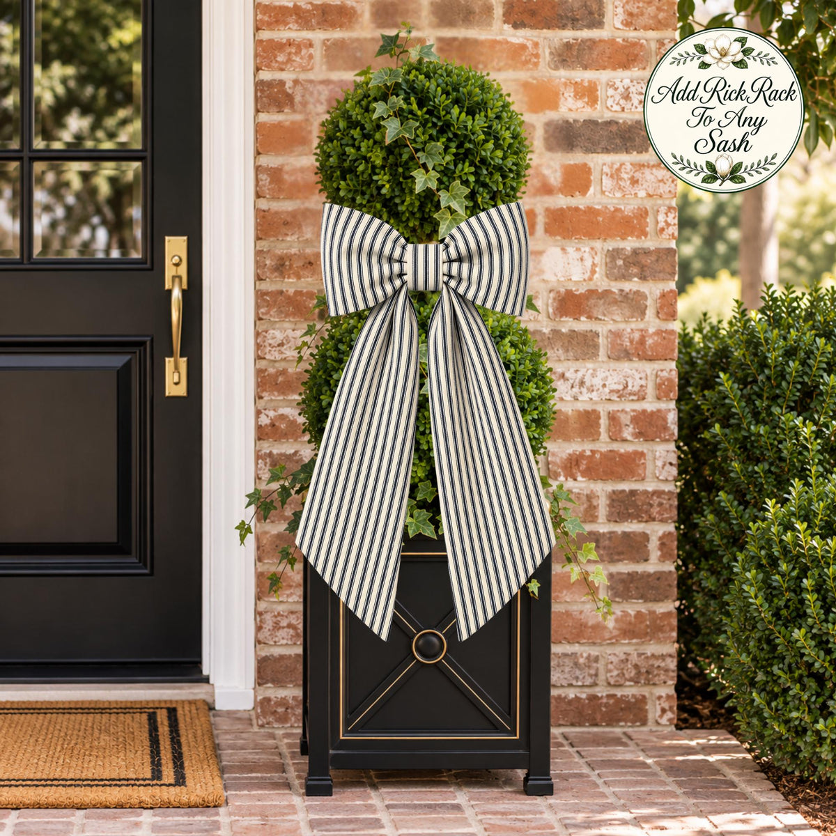 Seersucker Stripe  Wreath Sash, Personalized Front Door Bow, 52 or 72 Inch Wreath Sash, Rick Rack Trim Option