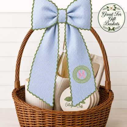 Seersucker Stripe  Wreath Sash, Personalized Front Door Bow, 52 or 72 Inch Wreath Sash, Rick Rack Trim Option