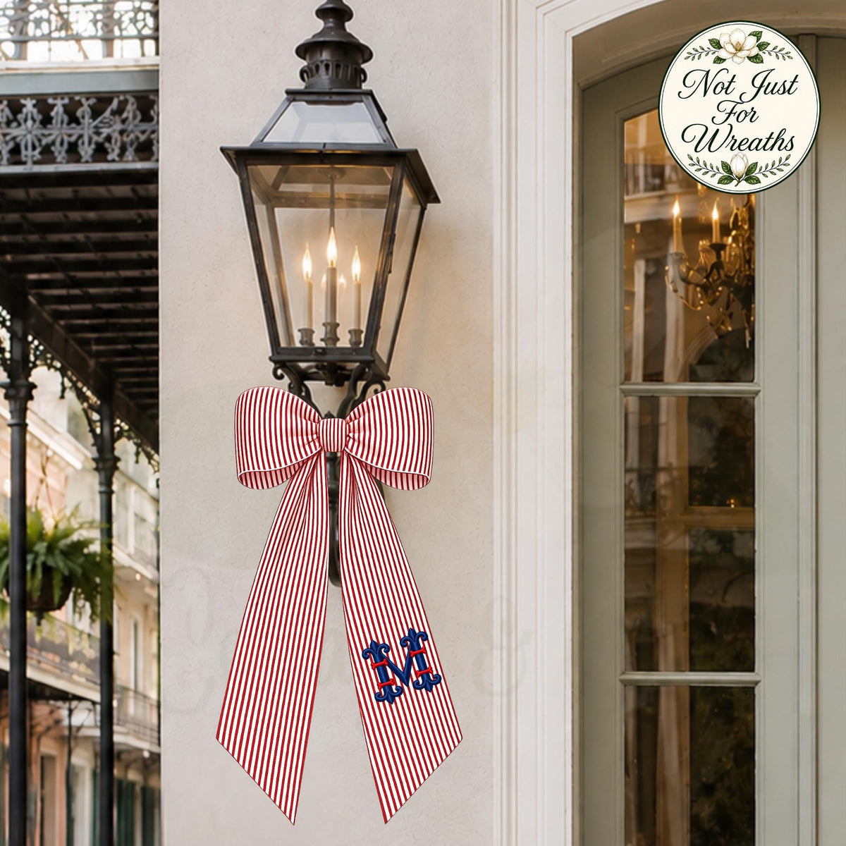 Seersucker Stripe  Wreath Sash, Personalized Front Door Bow, 52 or 72 Inch Wreath Sash, Rick Rack Trim Option