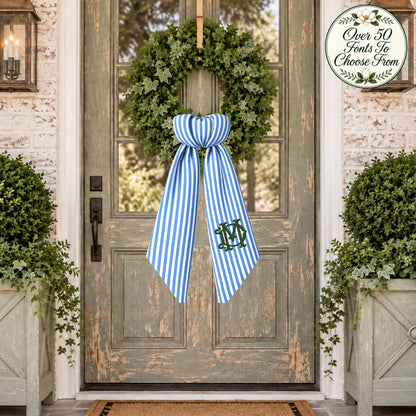 Seersucker Stripe  Wreath Sash, Personalized Front Door Bow, 52 or 72 Inch Wreath Sash, Rick Rack Trim Option