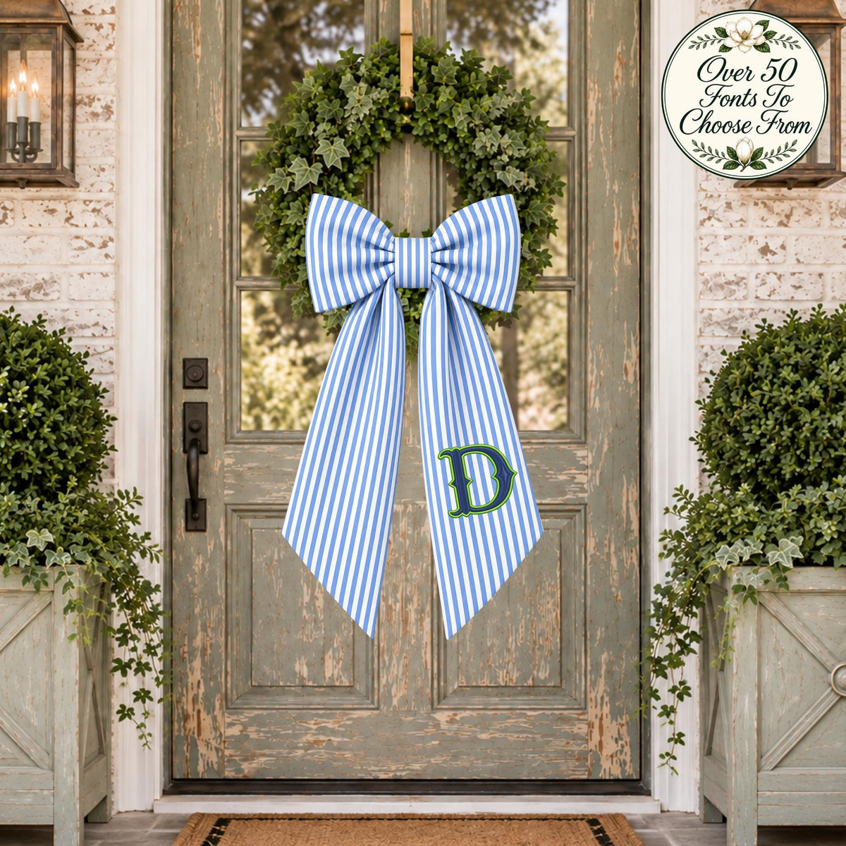 Seersucker Stripe  Wreath Sash, Personalized Front Door Bow, 52 or 72 Inch Wreath Sash, Rick Rack Trim Option
