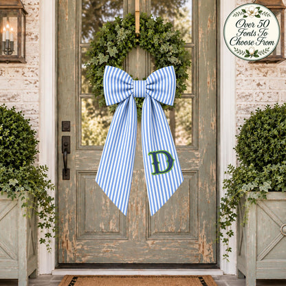 Seersucker Stripe  Wreath Sash, Personalized Front Door Bow, 52 or 72 Inch Wreath Sash, Rick Rack Trim Option