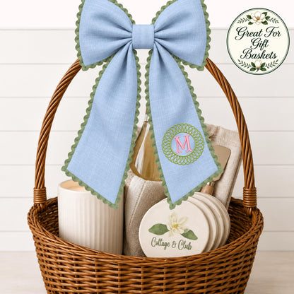 Classic Solid Wreath Sash, Personalized Front Door Bow, 52 or 72 Inch Wreath Sash, Rick Rack Trim Option