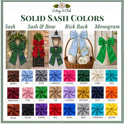 Classic Solid Wreath Sash, Personalized Front Door Bow, 52 or 72 Inch Wreath Sash, Rick Rack Trim Option