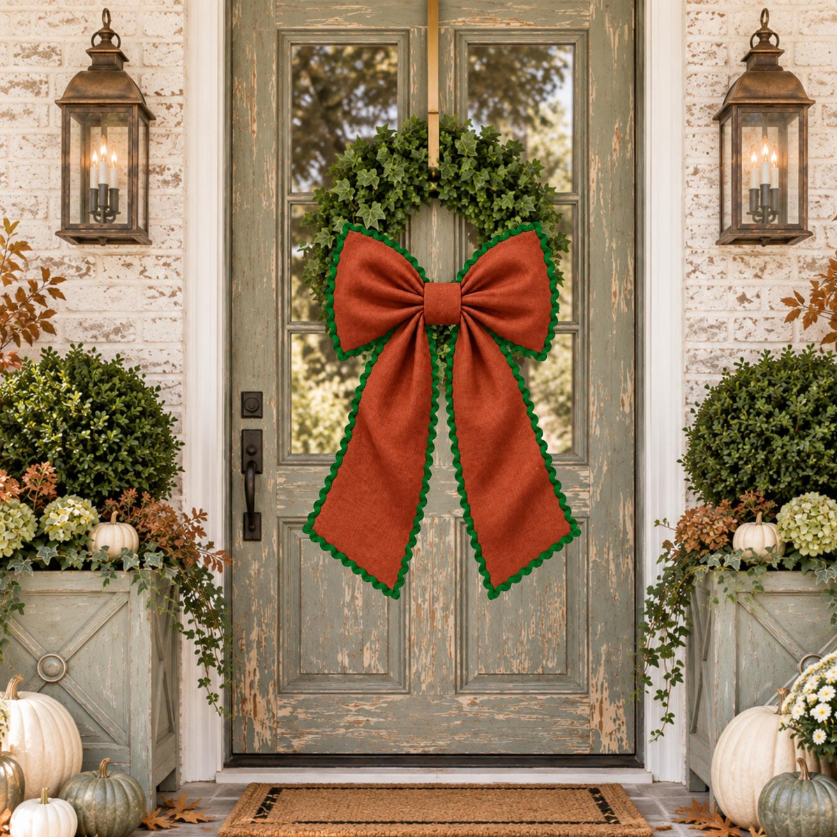 Classic Solid Wreath Sash, Personalized Front Door Bow, 52 or 72 Inch Wreath Sash, Rick Rack Trim Option