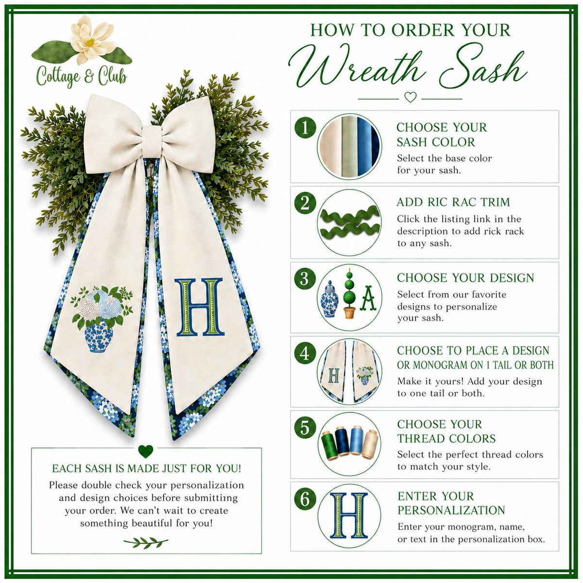 Classic Solid Wreath Sash, Personalized Front Door Bow, 52 or 72 Inch Wreath Sash, Rick Rack Trim Option