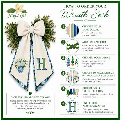 Classic Solid Wreath Sash, Personalized Front Door Bow, 52 or 72 Inch Wreath Sash, Rick Rack Trim Option