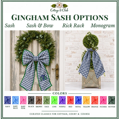 Gingham Wreath Sash, Personalized Front Door Bow, 52 or 72 Inch Wreath Sash, Rick Rack Trim Option, Southern Door Decor, Housewarming Gift