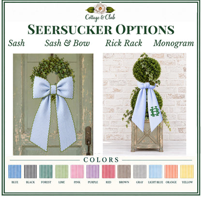 Seersucker Stripe  Wreath Sash, Personalized Front Door Bow, 52 or 72 Inch Wreath Sash, Rick Rack Trim Option