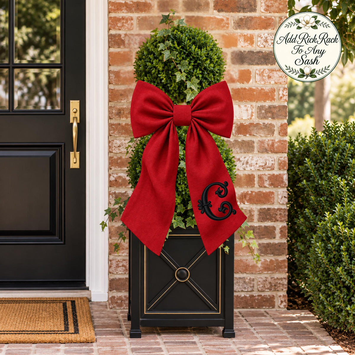 Classic Solid Wreath Sash, Personalized Front Door Bow, 52 or 72 Inch Wreath Sash, Rick Rack Trim Option