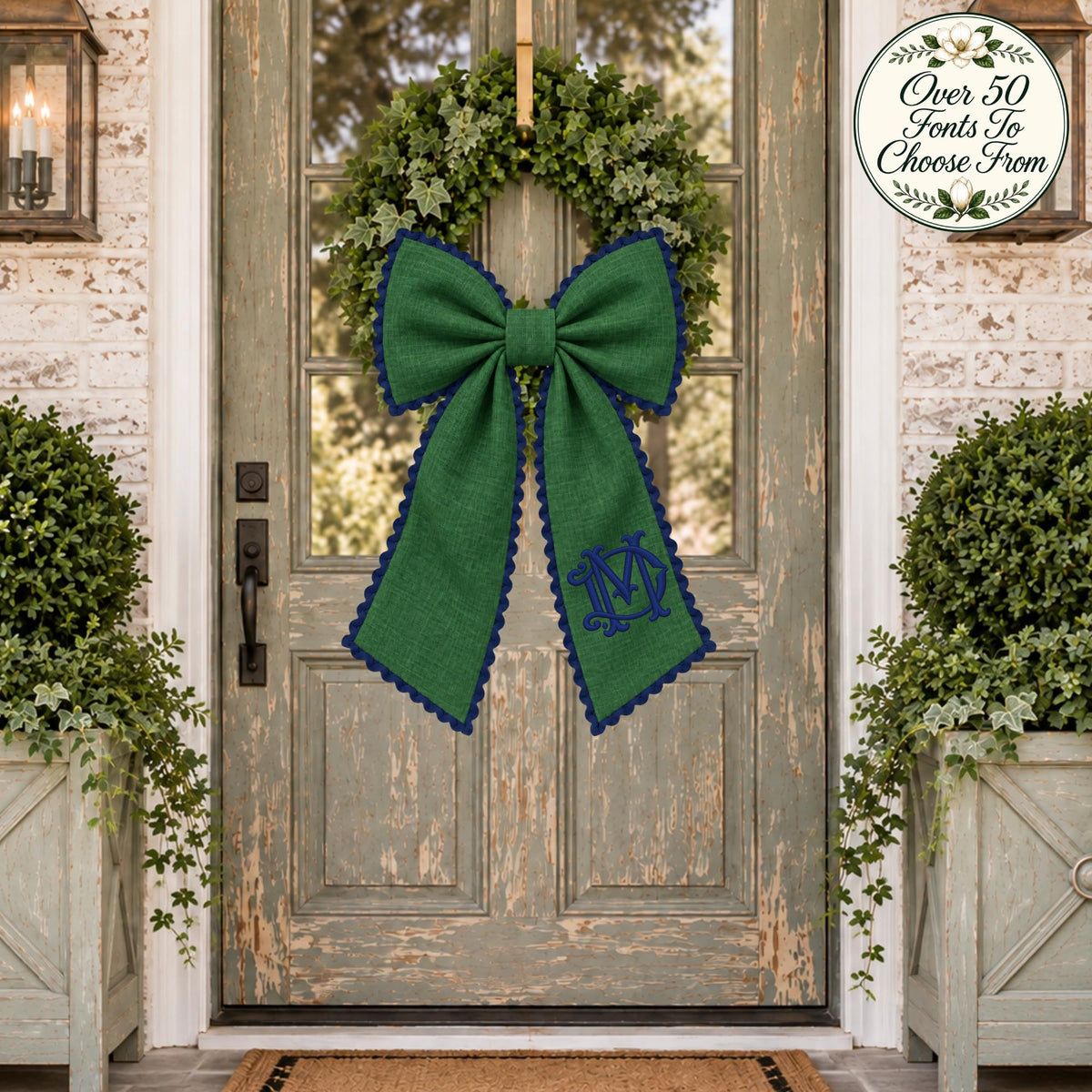 Classic Solid Wreath Sash, Personalized Front Door Bow, 52 or 72 Inch Wreath Sash, Rick Rack Trim Option