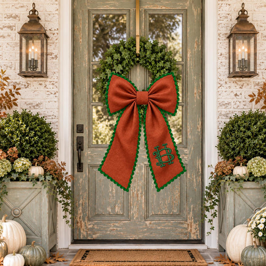 Classic Solid Wreath Sash, Personalized Front Door Bow, 52 or 72 Inch Wreath Sash, Rick Rack Trim Option