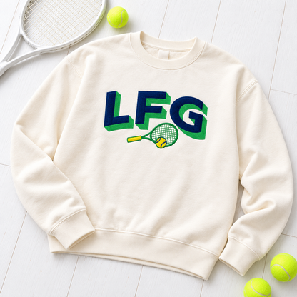 Ivory LFG embroidered tennis sweatshirt with navy and kelly green shadow lettering