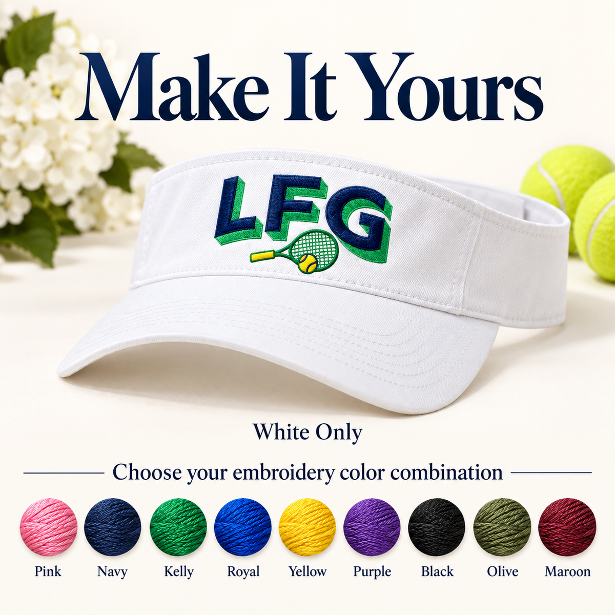 LFG white visor and custom embroidery color options