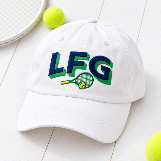 lfg hat embroidered white headwear flat lay on white wood