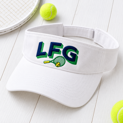 lfg visor embroidered white headwear flat lay on white wood