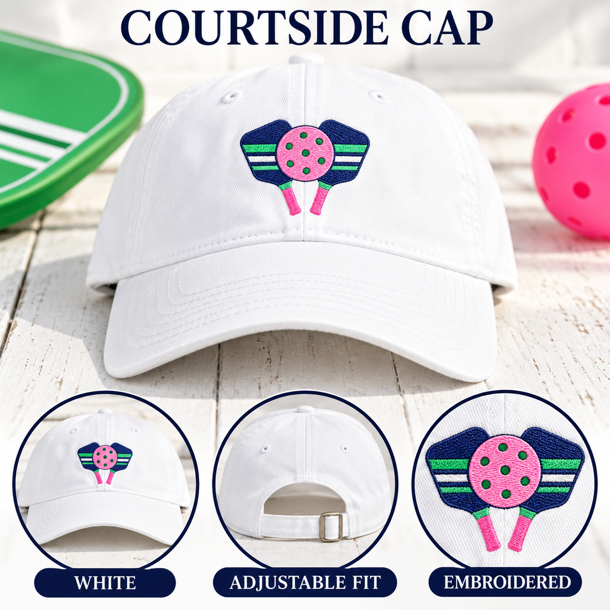 Pickleball Paddles embroidered capoptions with pink ball and green holes