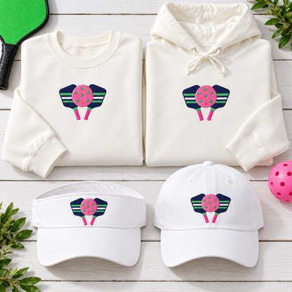 Pickleball Paddles embroidered collage with pink ball and green holes