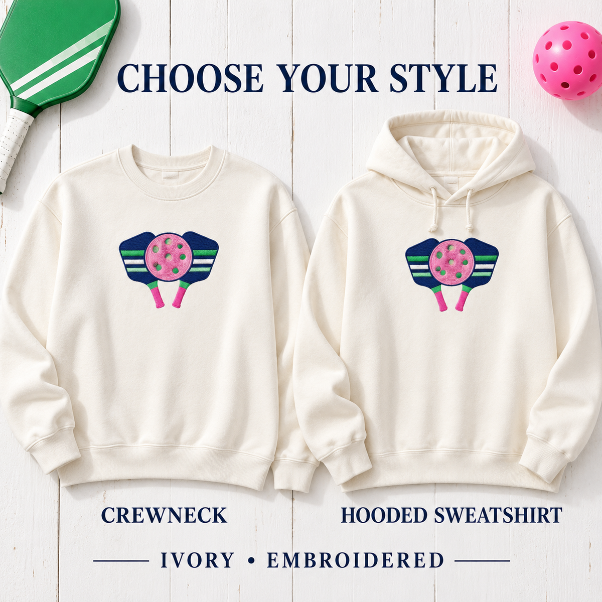 Pickleball Paddles embroidered crewoptions with pink ball and green holes