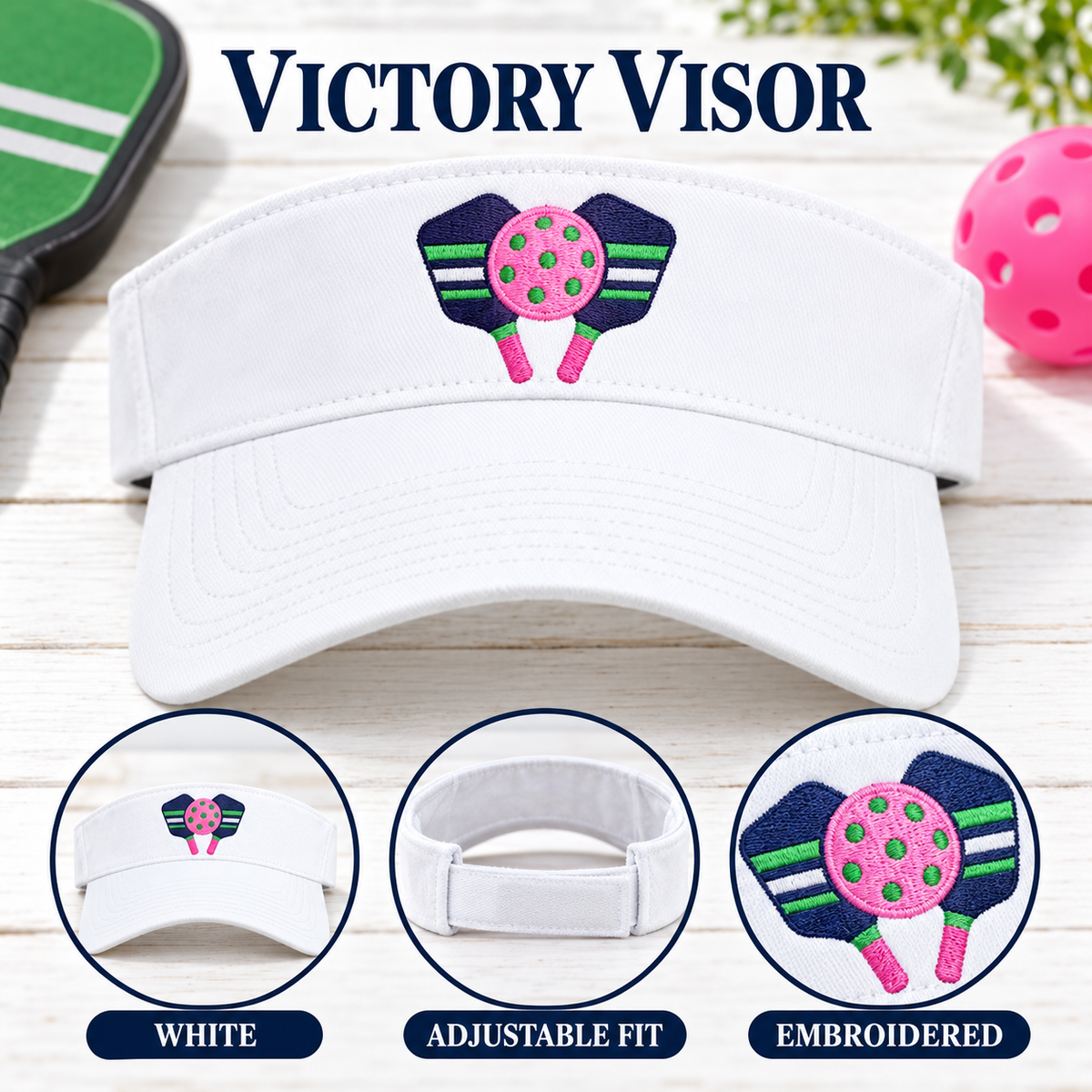 Pickleball Paddles embroidered visoroptions with pink ball and green holes