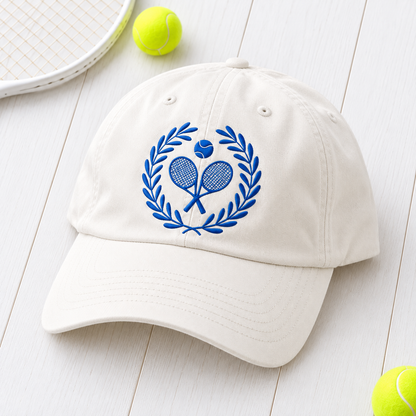 Royal blue embroidered Tennis Club Crest hat hero listing photo