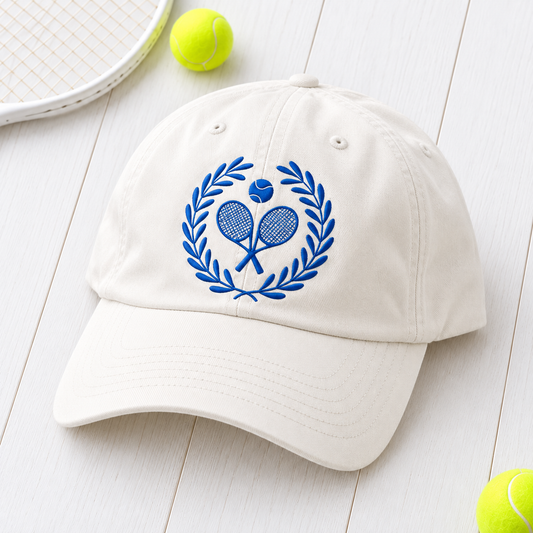 Royal blue embroidered Tennis Club Crest hat hero listing photo