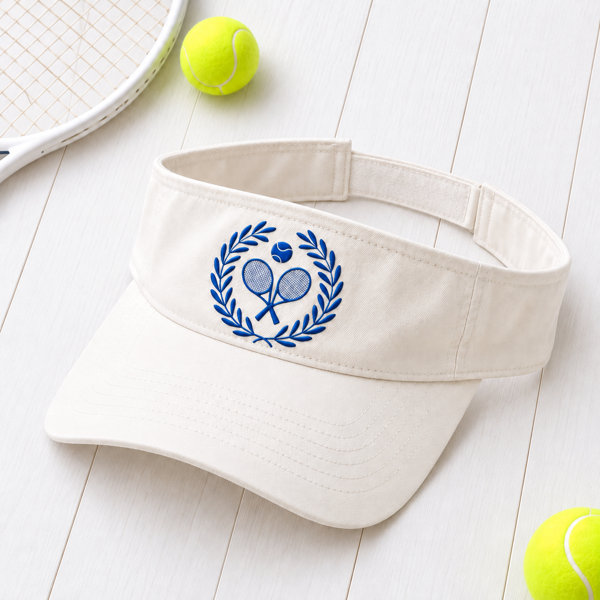 Royal blue embroidered Tennis Club Crest white visor hero photo