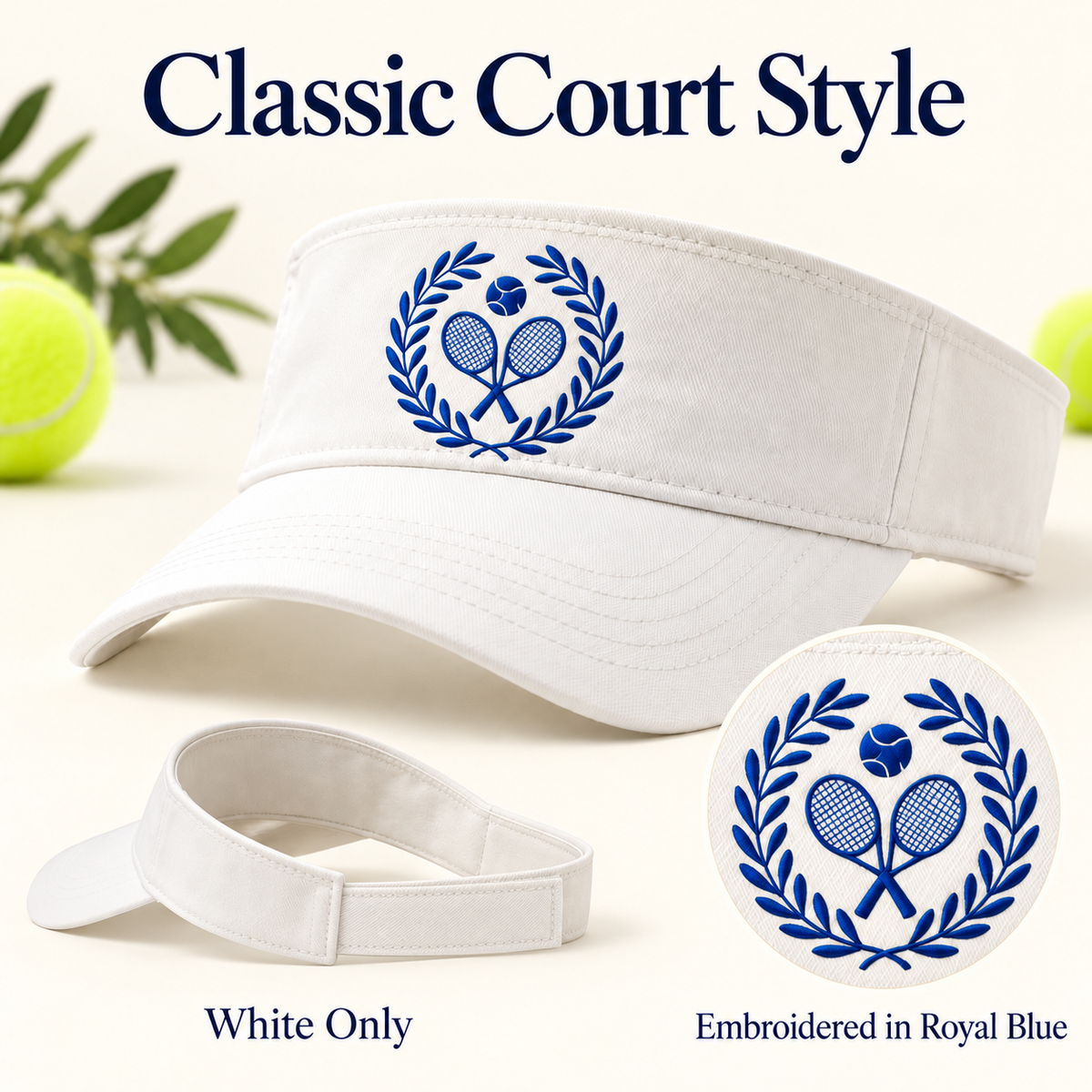 Royal blue embroidered Tennis Club Crest white visor options photo