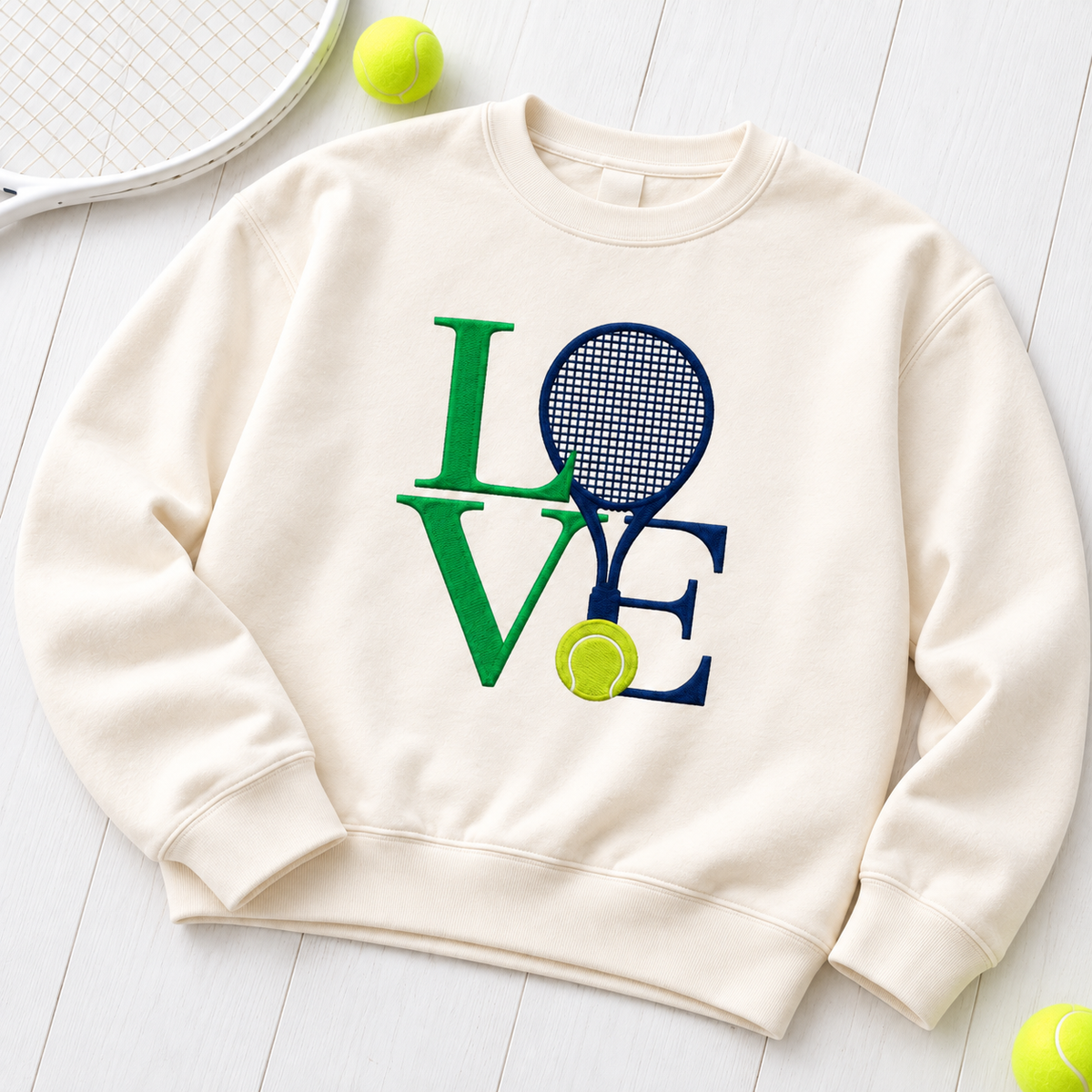 Ivory Tennis Love embroidered crewneck flat lay on white wood with tennis racket and balls