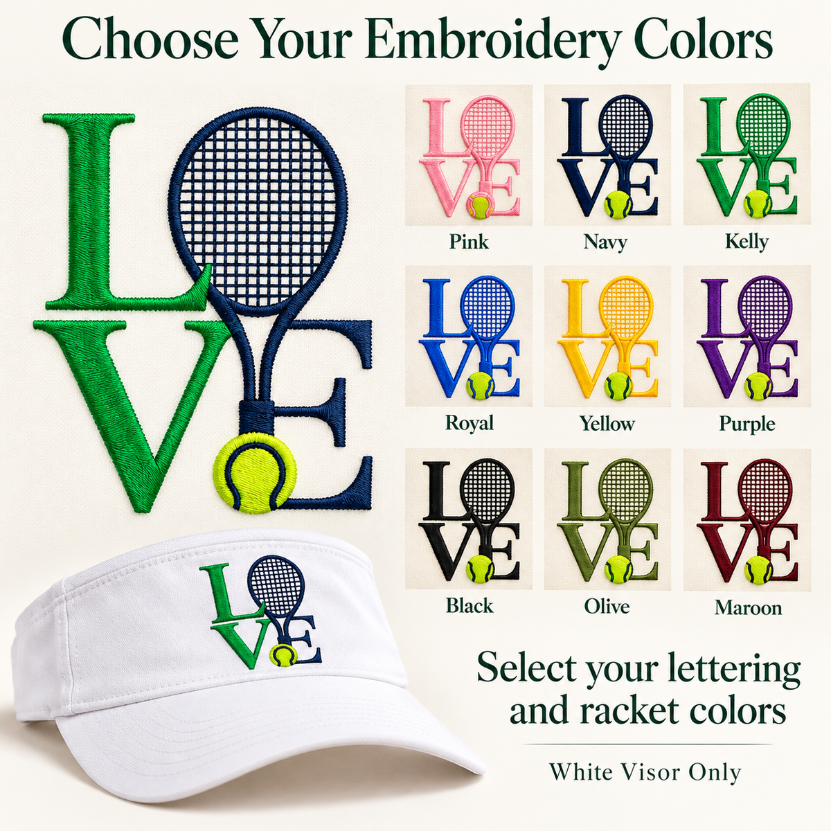 Tennis Love embroidered visor options guide
