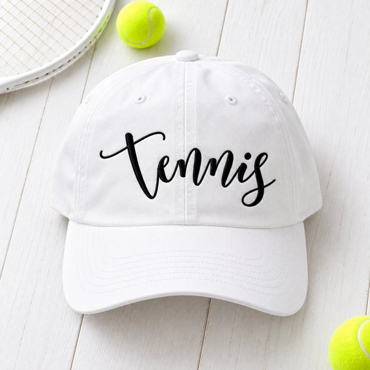Tennis script embroidered white Courtside Cap hero