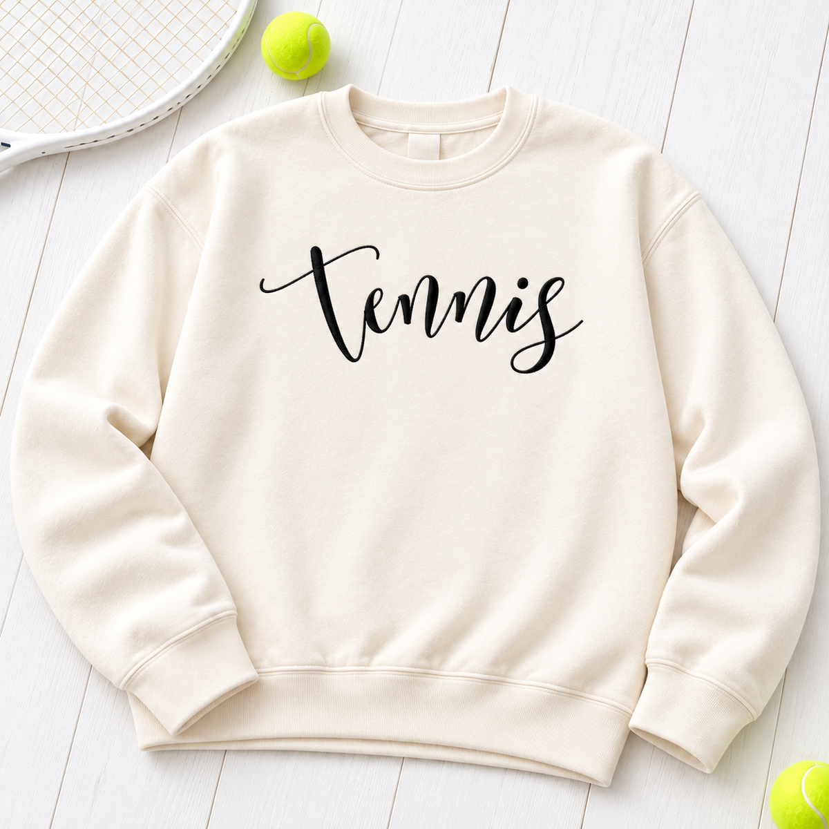 Tennis script embroidered ivory sweatshirt hero