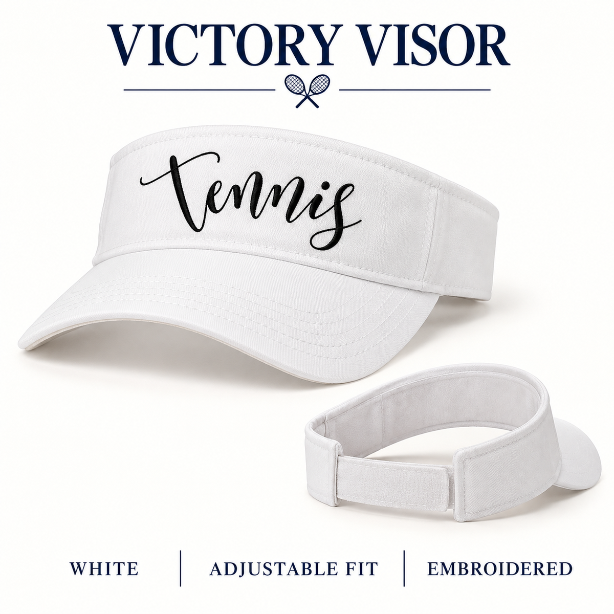Tennis script embroidered white Victory Visor options
