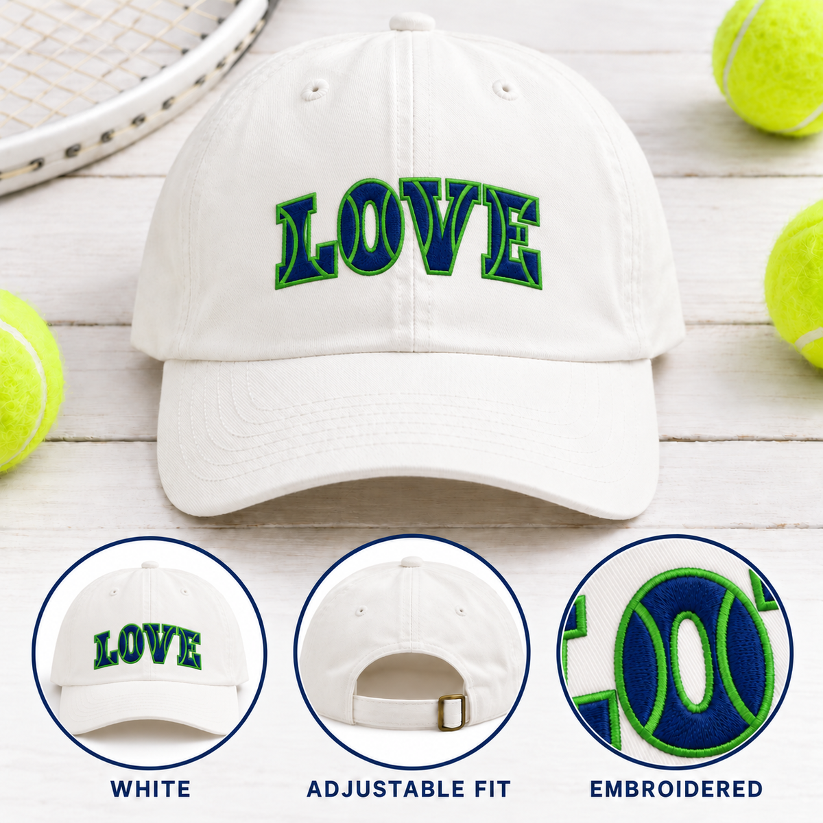 White LOVE Courtside Cap with smaller navy and Kelly embroidered design and gentle arch; adjustable fit and embroidery details