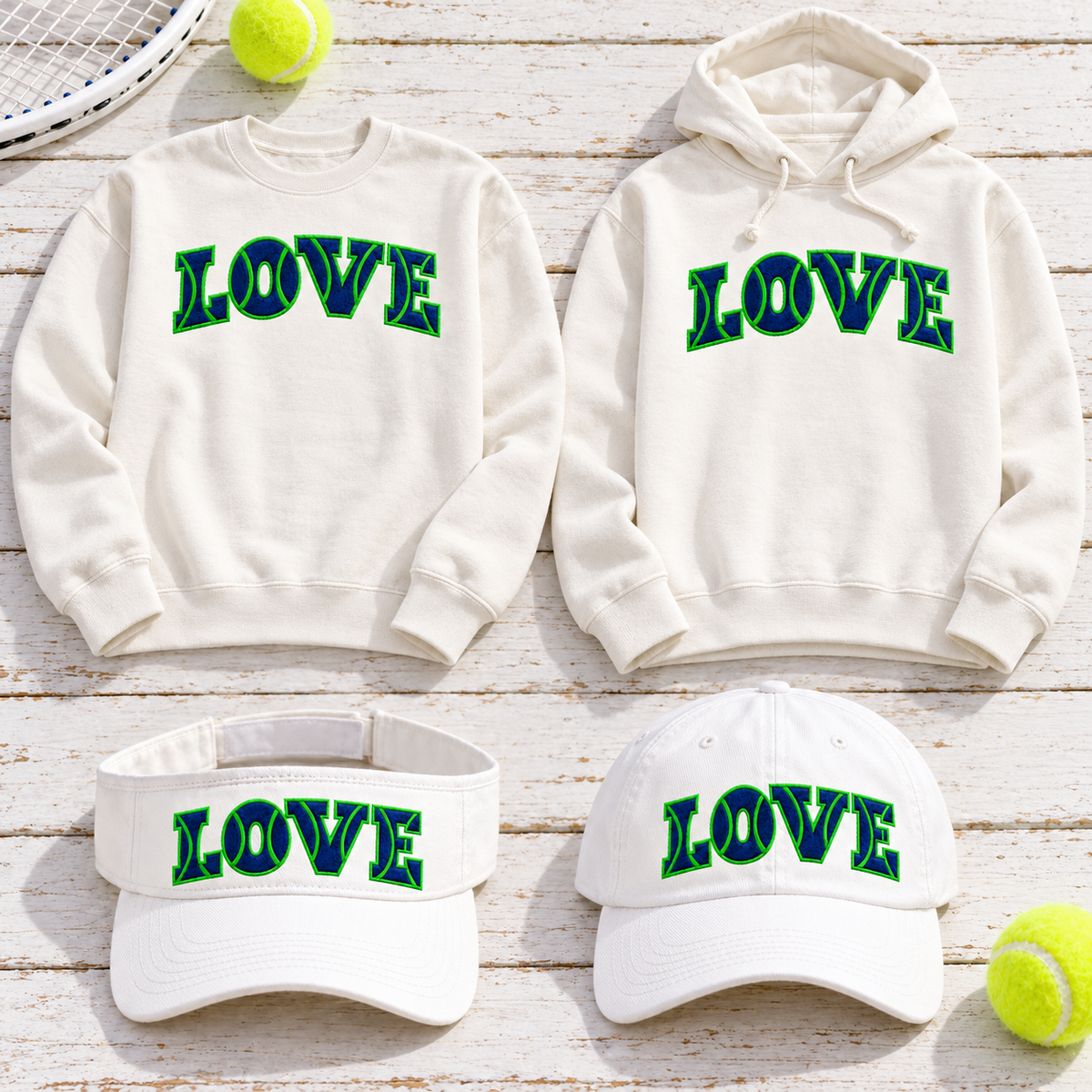 Matching ivory LOVE crewneck and hoodie with white Victory Visor and Courtside Cap in navy and Kelly green embroidery